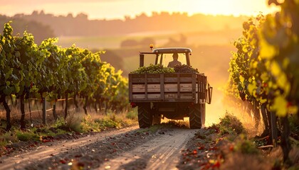 Obraz premium Remolque cargado de uvas circulando entre viñedos al atardecer