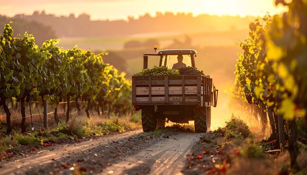 Remolque cargado de uvas circulando entre vi&ntilde;edos al atardecer