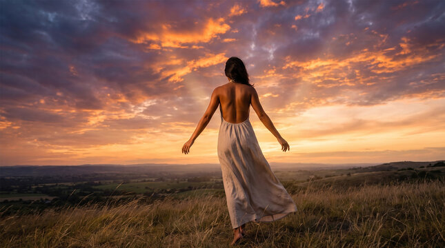 Woman in Backless Linen Dress Watching Spectacular Sunset Over Valley