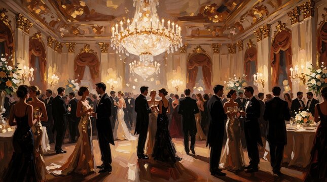 Elegant guests mingle in luxury ballroom during gala event. People wear formal clothes at wedding reception corporate banquet. Large crystal chandelier illuminates festive party with golden light.