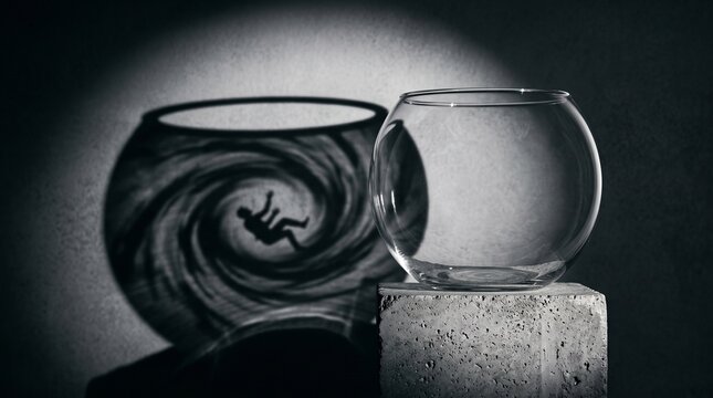 Anxiety Trapped Mind and Hopelessness - Empty Glass Fishbowl Jar on Concrete Pedestal with Shadow of Depressed Man Falling into Smoke Vortex
