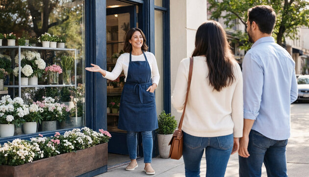 Florist smiling and greeting a couple at her flower shop entrance. Outdoor storefront with floral displays creates a welcoming small business atmosphere.