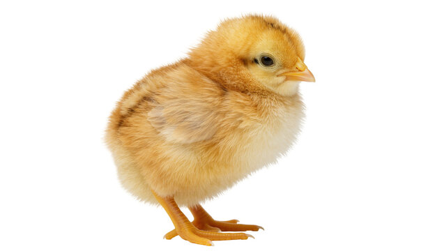 Fluffy yellow chick with orange beak and feet, isolated on transparent background