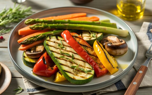 Delicious grilled vegetables featuring vibrant zucchini bell peppers asparagus carrots and mushrooms arranged on a ceramic plate during daylight illumination capturing a healthy lifestyle meal prepara