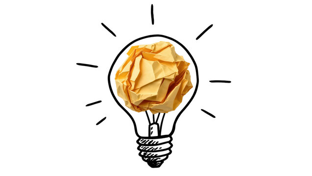 Crumpled yellow paper ball inside a sketched light bulb, isolated on transparent background