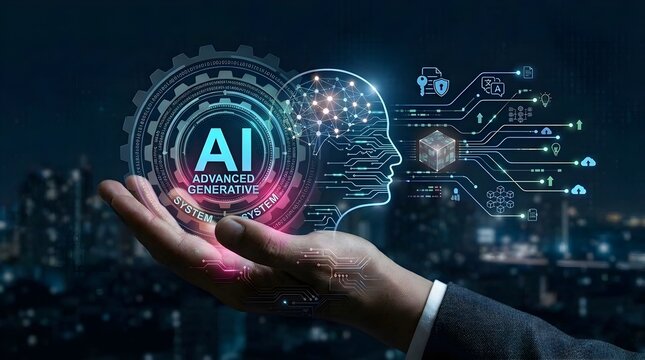Businessman holding artificial intelligence neural network holographic interface with digital head and circuit technology
