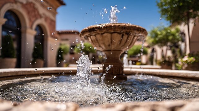Close-up of a refreshing stone fountain with splashing water set against a sunny Mediterranean architectural backdrop perfect for beauty