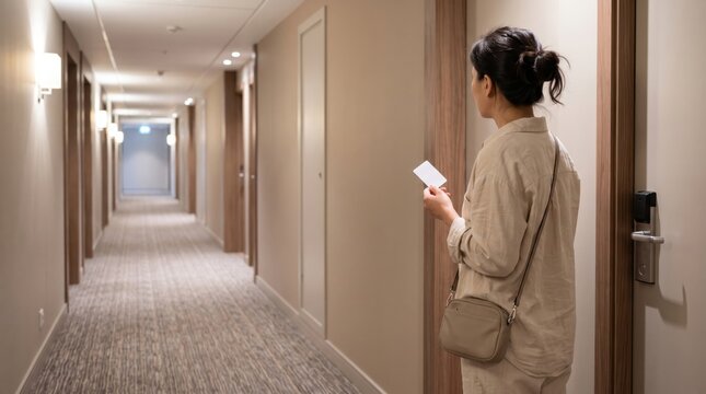 woman hotel room safety concept. Woman standing in a hallway holding a phone, looking toward the corridor end