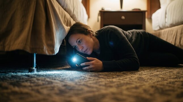 woman hotel room safety concept. Woman searching under a bed with a flashlight in a dimly lit room