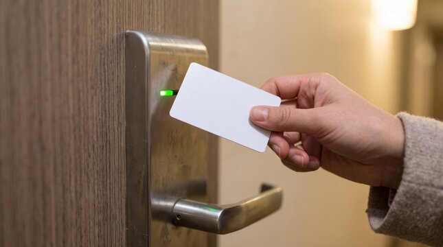 woman hotel room safety concept. Hand holding a key card to unlock a door with an electronic lock system
