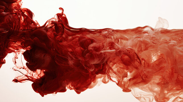 Red ink clouds swirling and dispersing inside clear water on white background