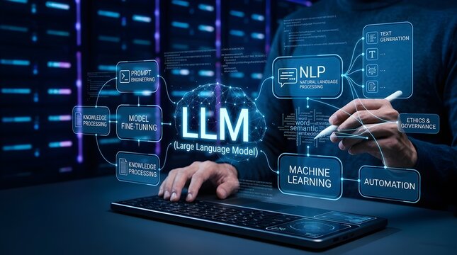 Software engineer working on large language model technology and artificial intelligence data processing in server room