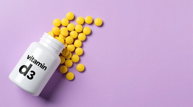 White plastic bottle labeled vitamin d3 spills yellow pills on purple background. Healthy supplement tablets scattered on surface. Nutrition capsules for immunity, bone health, wellness. Medical dose