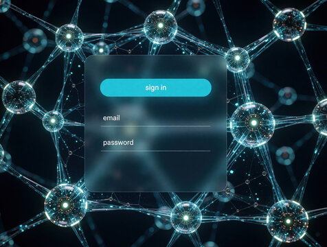Futuristic login interface with sign in form on digital network background. User enters email, password for secure account access. Abstract tech concept featuring glowing nodes, connected data lines,