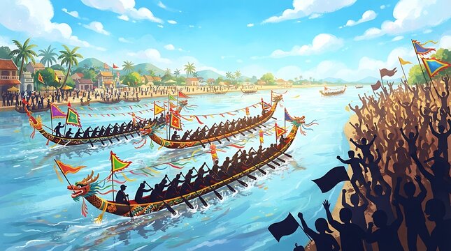Dragon boats race along a river during a vibrant festival celebration