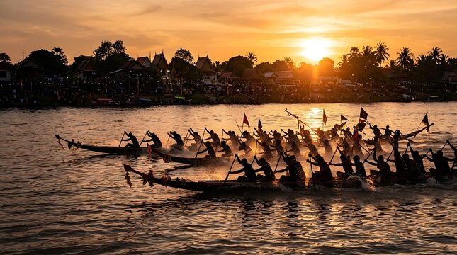 Racing boats with rowers compete on a river at sunset
