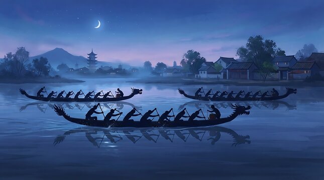 Dragon boats with rowers silhouetted against a twilight landscape