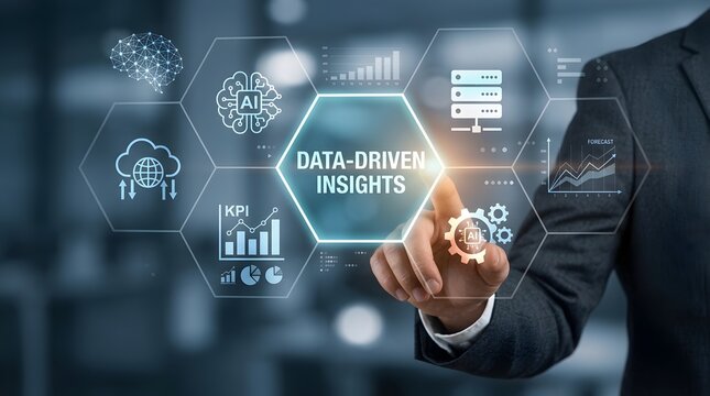 Businessman touching virtual screen with data driven insights and artificial intelligence icons for business analytics