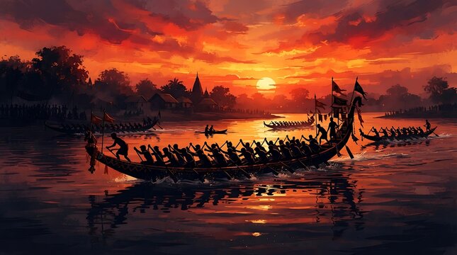 Rowers paddling a long wooden boat during a vibrant sunset on water