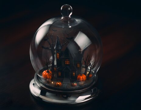 Miniature Haunted Halloween House Inside a Glass Cloche with Pumpkins