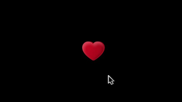  heart love like button with mouse click on heart love icon animation in dark black transparent background.