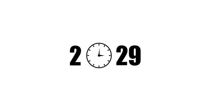 Happy new year 2027 text animation with clock icon. Countdown new year 2029. Digital Time Progress happy new year 2029 countdown animation, 4