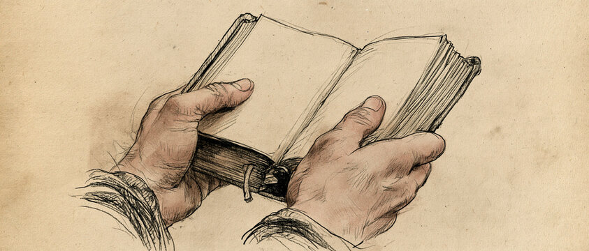 Hands Holding Open Vintage Book Sketch Illustration Style