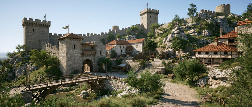 Medieval Castle Fortress Ruins on Mountain Hill Landscape View