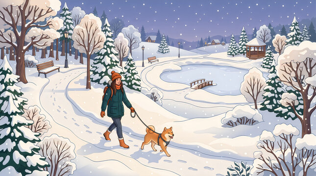 Person walking a dog through falling snow in a park, winter concept, isometric vector illustration
