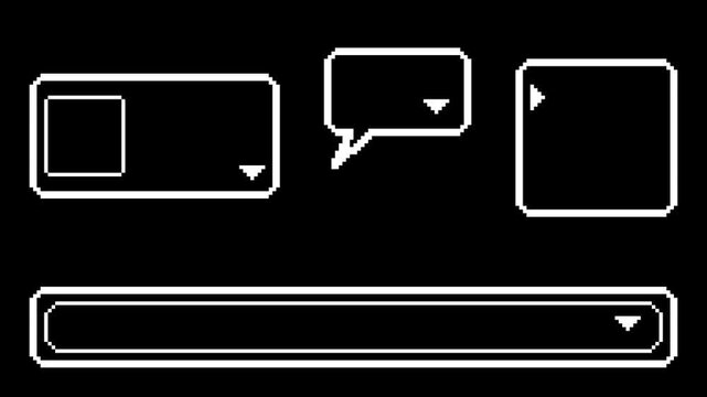 Pixel dialogue box set, empty retro game text windows on black