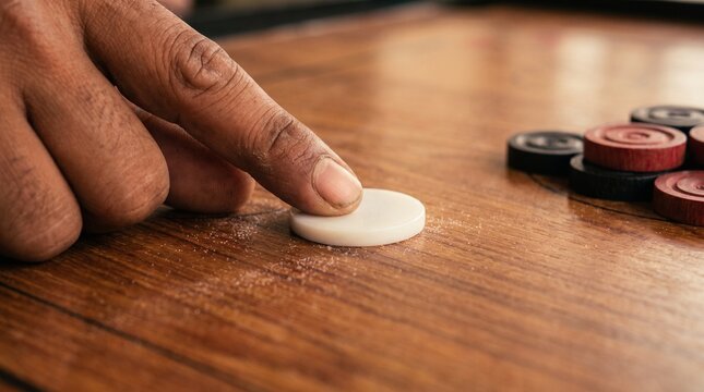 Skilled carrom player finger flicking white striker coin on traditional wooden board during competitive indoor match featuring colorful wooden pieces under warm lighting