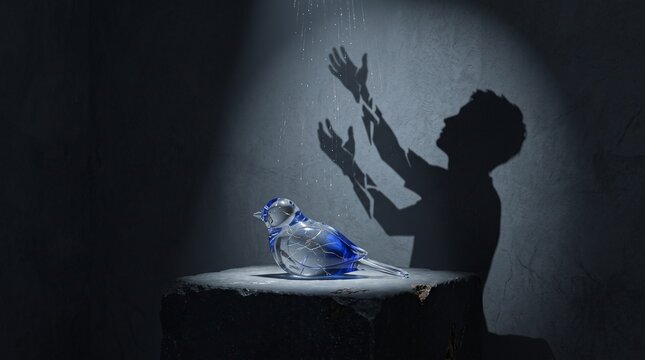 Islamic Prayer and Hope Concept - Crystal Bird Sculpture with Blue Light and Shadow of Man Raising Hands in Duaa for Divine Mercy Poster