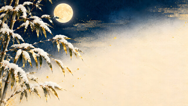 Snow-Covered Bamboo and Full Moon Japanese Winter Background