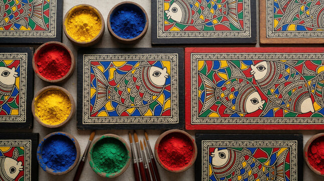Traditional Madhubani art on wooden panels featuring colorful fish patterns. Small bowls with bright pigments, paint brushes lie nearby. Hand made ethnic decor shows Indian folk craft, cultural