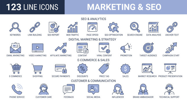 Marketing & SEO Line Icons Set &ndash; Digital Marketing, E-Commerce, Strategy, and Customer Service Concepts   