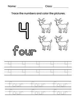 Educational math worksheet for children to practice writing, counting, and tracing the number four (4). Printable handwriting and number recognition activity page designed for preschool, kindergarten,