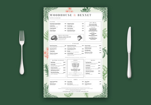 Botanical Restaurant Menu Template, Editable Floral Menu Card for Cafe & Bistro, Elegant Vintage Printable Layout