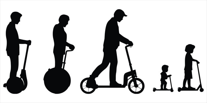 Set of black silhouettes showing people riding various personal transport devices, including segways, electric scooters, and kick scooters, on white background