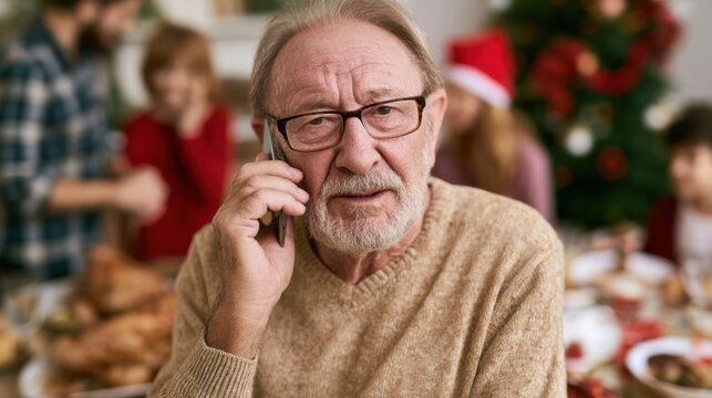 Senior man talking on smartphone during christmas family gathering, appearing concerned while receiving a suspicious call at the holiday dinner table