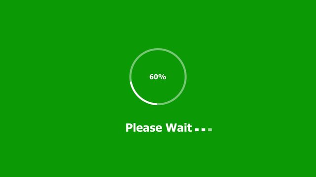 Circular progress bar loading animation with percentage counter and please wait text on green screen chroma key background, for software applications, and digital media projects