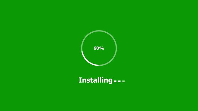 Dynamic green screen installing progress bar animation with percentage counter and loading spinner for software setup and app deployment projects featuring clean modern digital user interface