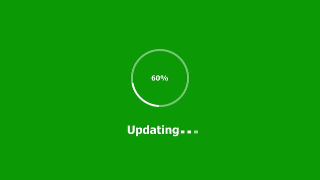 Dynamic green screen updating circle progress bar animation with percentage counter and loading text for software installation and data processing projects