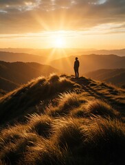 Obraz premium Silhouette of lonely man standing on mountain ridge at sunset. Person looks at golden sun rays above misty hills, valleys. Beautiful summer evening landscape with tall grass in foreground. Solitude,