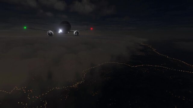 Nighttime Aerial View of Commercial Airplane Landing Approach.