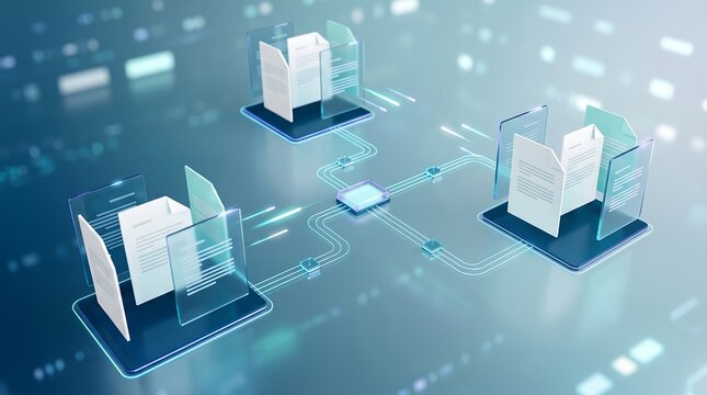 Three digital files connected by glowing data streams representing secure information exchange and collaborative document sharing within a modern cloud-based business system