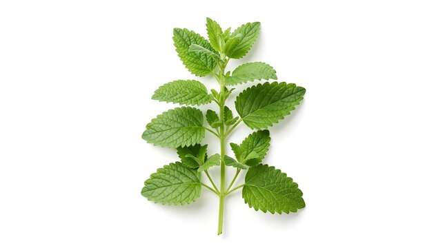 Fresh lemon balm sprig with serrated green leaves isolated on white background