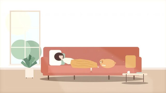 Pixel animation sleeping woman cat couch cozy room soft light loop