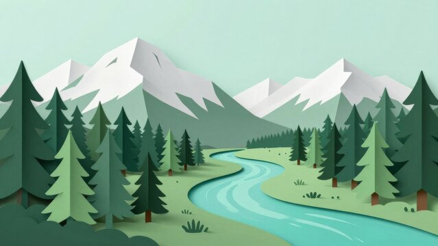  Layered Paper Cut Mountain Forest and Turquoise River with Mint Copy Space