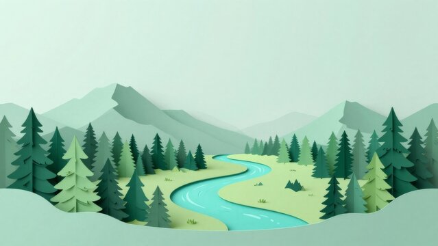 Layered Paper Cut Mountain Forest and Turquoise River with Mint Copy Space