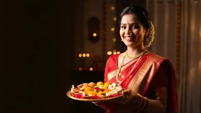 Woman holding a puja thali with lamps, fruit, and sweets during Diwali. Hindu festival ritual celebrating devotion, prosperity, and tradition.